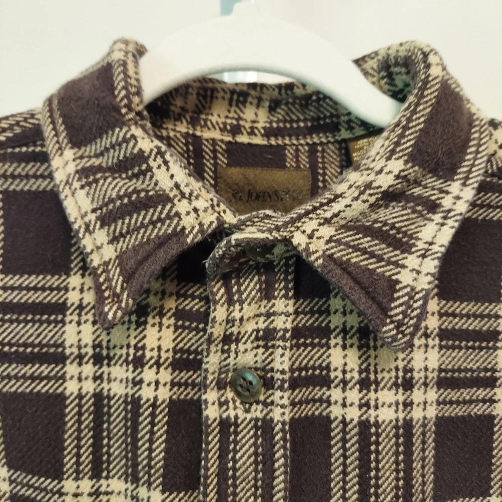 St Johns Bay Men L Brown Plaid Button Up Long Sleeve Cabin Outdoors Grunge Cabin